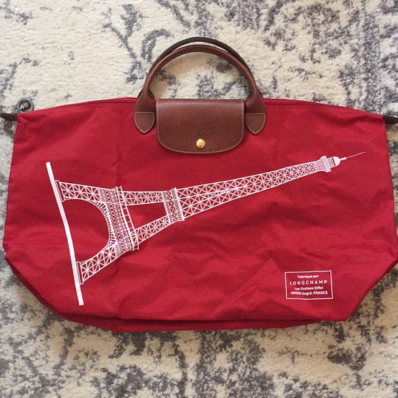 Longchamp Handbags - Longchamp Le Pliage Red Eiffel Tower Rare Tote Bag